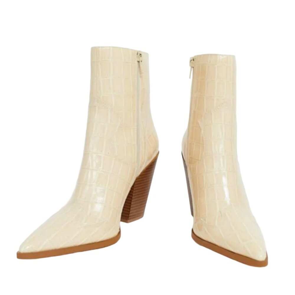 💖Public Desire Shannon Western Ankle Boot in Cream Patent Mock-Croc